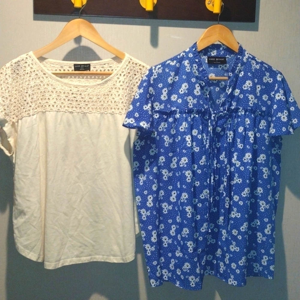 Lane Bryant Size 14 Bundle Short Sleeve Blue Floral and Cream Eyelet